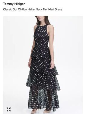 Tommy Hilfiger Black and White Polka Dot Chiffon Halter Tiered Maxi Dress
